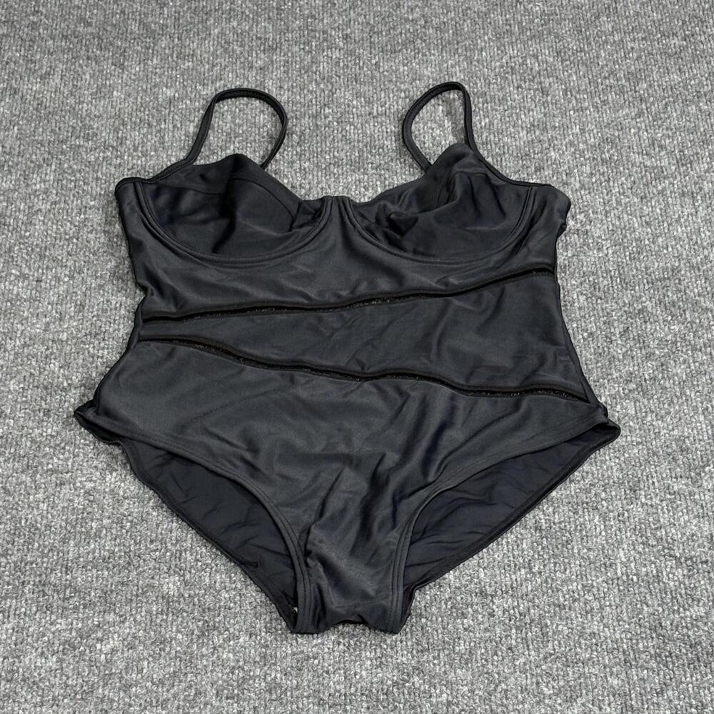 Mary Sol Swimsuit Womens 12 Black One Piece Underwire Spaghetti Strap Mesh Trim - Picture 1 of 12